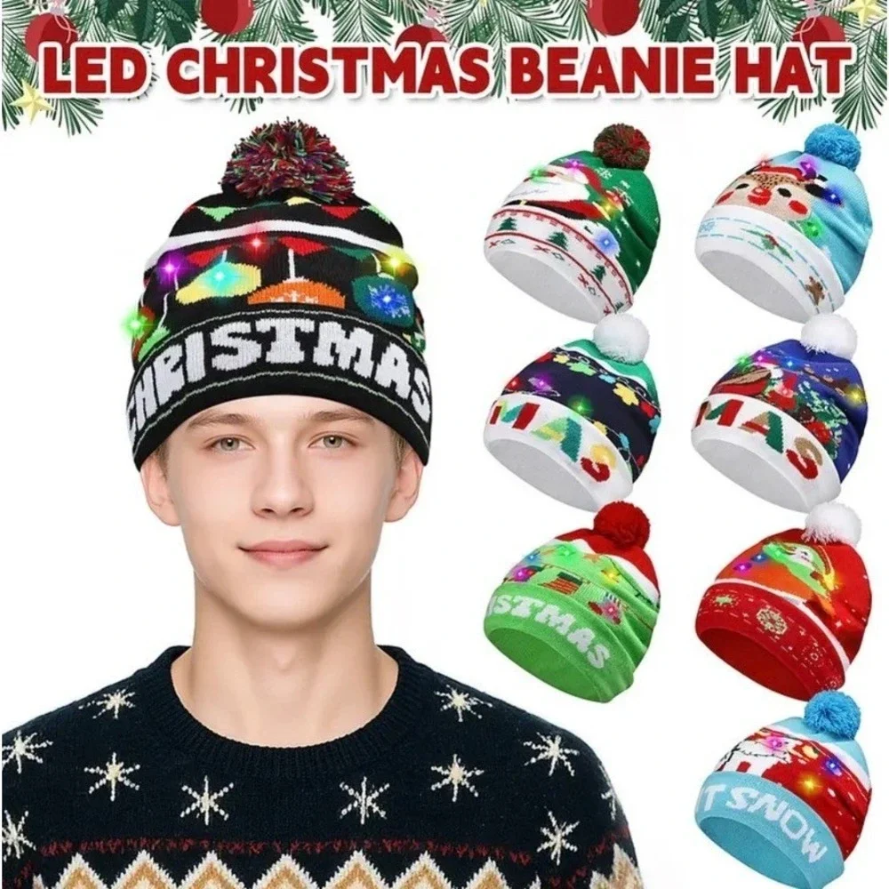 Gorro De Punto Navideño Con Luces LED Unisex 3 Modos De Iluminación Paquete De 4